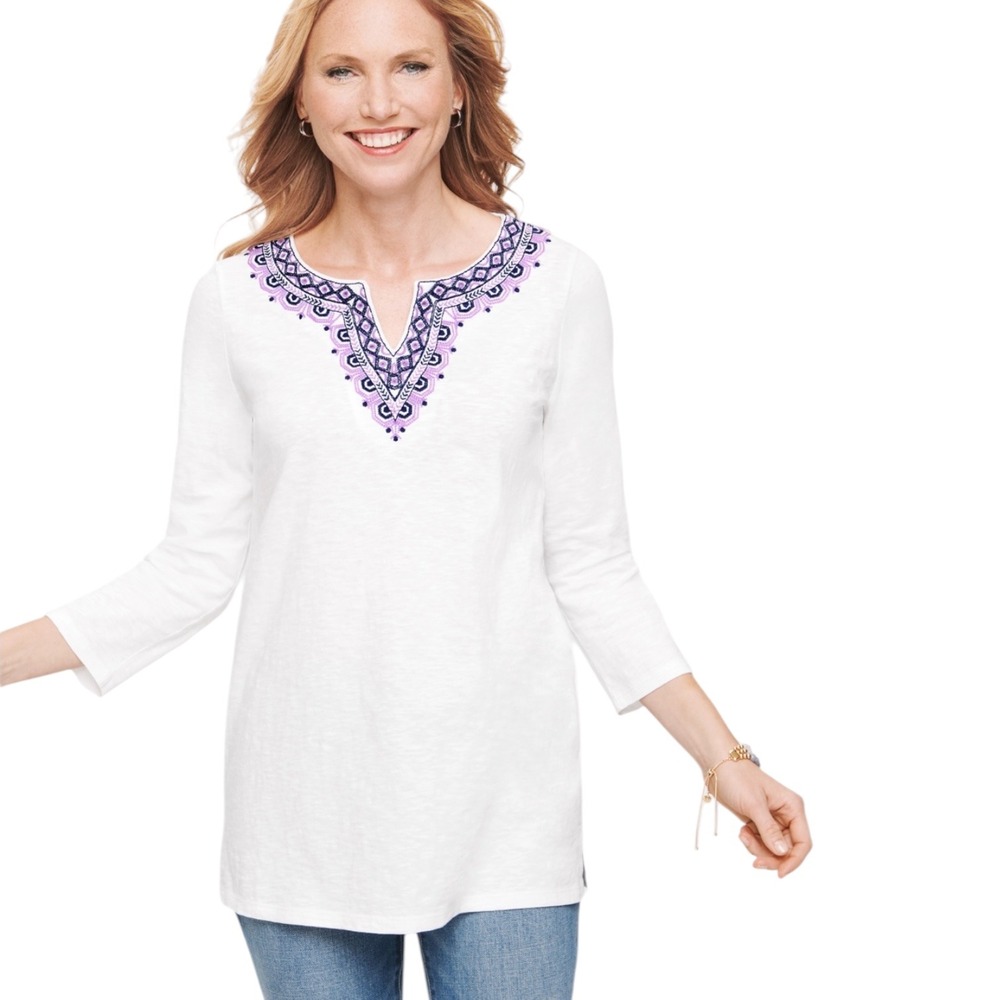 NWT Talbots Embroidered Split Neck Tee Shirt White Purple Size Petite P
